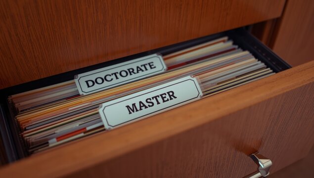 Closeup of academic degree certificates on wooden desk