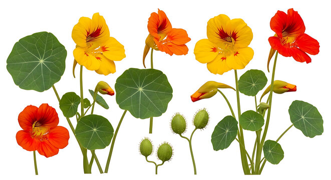Colorful tulips in different bright colors with green leaves and buds vector illustration