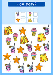 Fototapeta premium Counting game of summer stuff for preschool kids. Printable. Vector Illustration