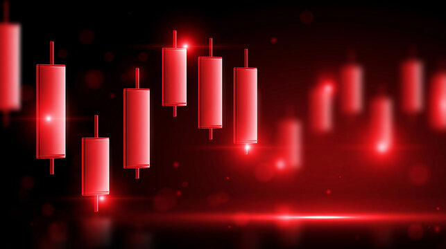 Declining red financial candlestick charts hanging against a pitch black background