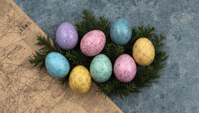Flat lay of colorful handmade ceramic eggs on textured surfaces