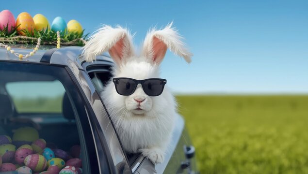 Fluffy white easter bunny wearing sunglasses in a sunny garden