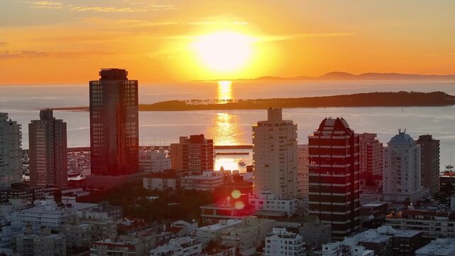 Sunset Punta Del Este Skyline In Maldonado Uruguay. Sunrise Skyline. Beach Landscape. Downtown District. Punta Del Este Skyline In Punta Del Este In Maldonado Uruguay. Highrise Buildings.