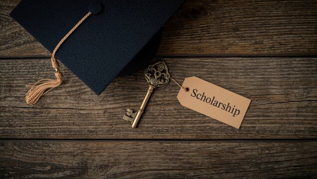 Golden pen writing on wooden table with scholarship text