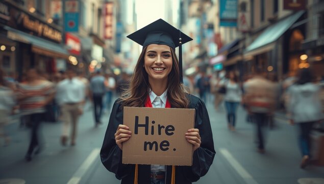 Graduate in black cap and gown holding hire me sign in city street