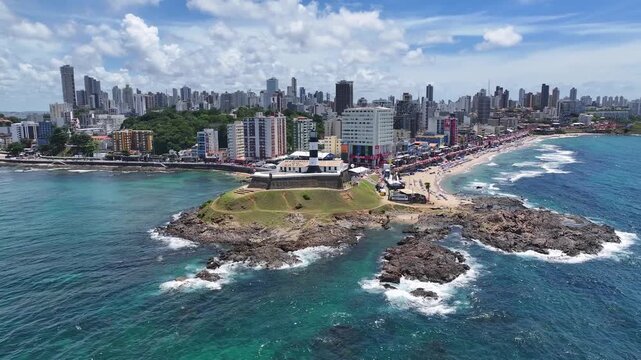 Barra Lighthouse In Salvador In Bahia Brazil. Summer Landscape. Beach Cityscape. Tropical Skyline. Barra Lighthouse In Bahia Brazil. Nature Scenery. Paradisiac Seascape.