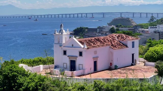 Boa Viagem Church In Niteroi Rio De Janeiro Brazil. Church Landscape. Downtown City. President Costa E Silva Bridge. Boa Viagem Church In Niteroi Rio De Janeiro Brazil. Tourism Landmark.