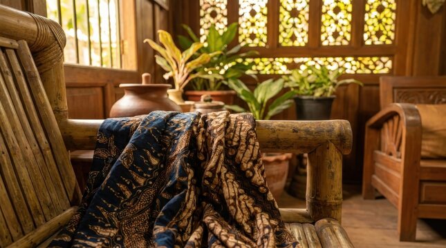 An environmental macro shot of traditional batik fabric draped over a bamboo chair, creating a serene and rustic atmosphere inside a wooden home with lush indoor plants in the soft warm sunlight.