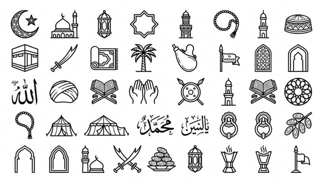 Muharram islamic vector icon set with symbols