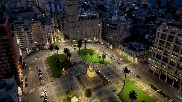 Night Independence Square At Montevideo In Maldonado Uruguay. Historical Centre Landscape. Downtown City. Night Scape Skyline. Independence Square At Montevideo In Maldonado Uruguay.