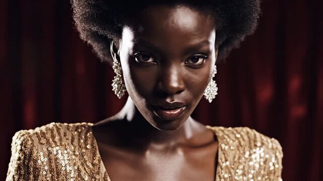 Elegant African American woman in a shimmering gold sequin dress and diamond earrings, illuminated by dramatic light