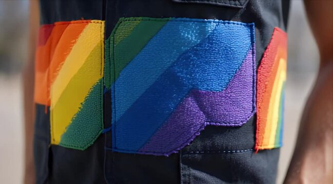 Pride month Rainbow patch pride flag colorful fabric rainbow color lgbt symbol queer pride textile detail clothing design equality concept close up view vibrant color sewing craft inclusive queer