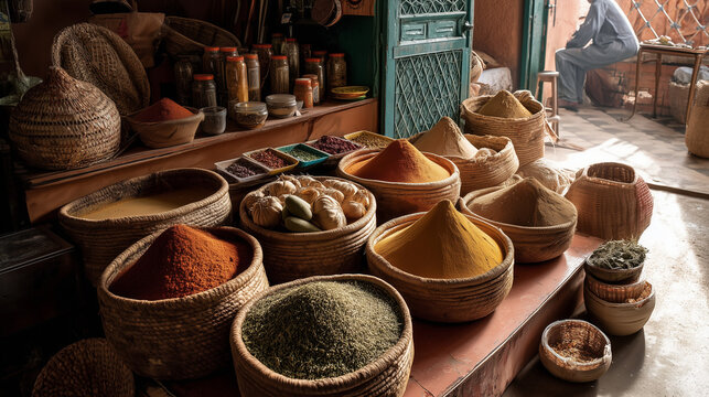Colorful spice baskets at a traditional Moroccan market stall
