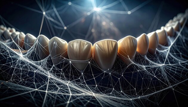 Close-up of teeth within a web of interconnected lines, artistic concept