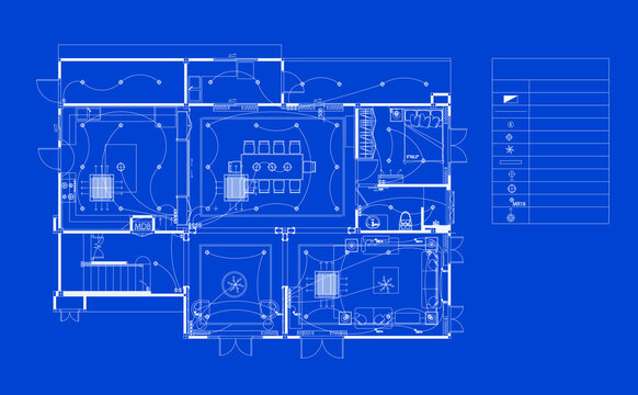 Residential Electrical System Design Blueprint with Lighting Layout, Switch Placement, Power Outlet Locations and Wiring Plan