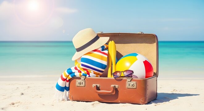 Packed vintage suitcase on tropical beach with summer essentials