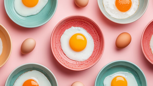 Celebrating National Egg Month with various eggs on colorful plates indoors
