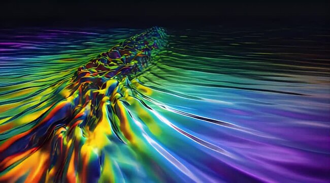 Pride month iridescent water rainbow reflection abstract wave liquid surface colorful pattern neon light digital art fluid texture fantasy seascape rainbow water colorful ripple reflective surface