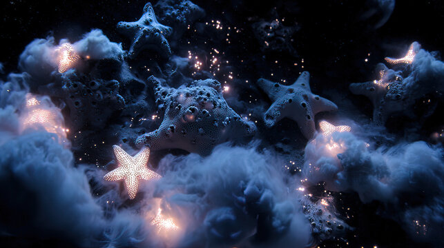 A constellation of dying starfish transforming into glowing marine snow particles in the deep ocean.
