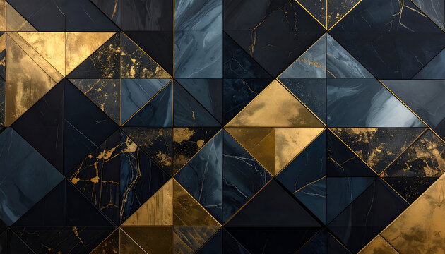 Abstract geometric mosaic of blue-black marble and gold triangular tiles