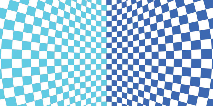 Abstract warped checkerboard background with blue and white colors. Split design featuring distorted cyan and royal blue checkered grid