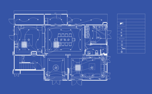 Residential Electrical System Design Blueprint with Lighting Layout, Switch Placement, Power Outlet Locations and Wiring Plan