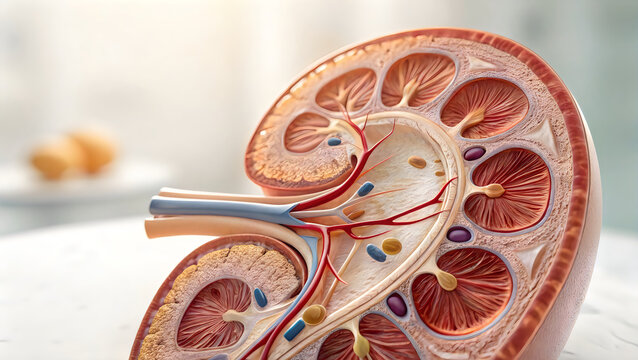 Human kidney cross-section with tool pointing