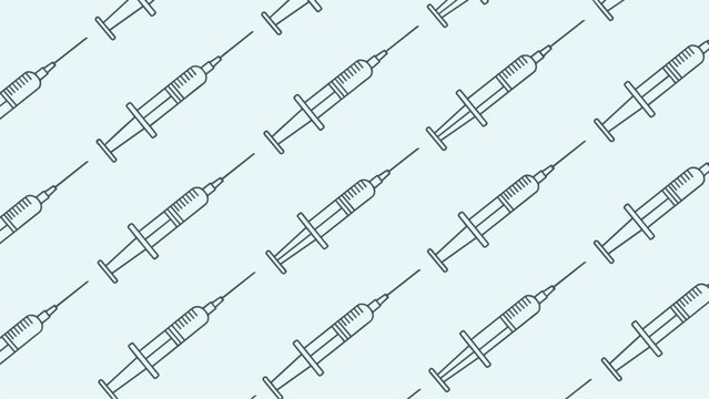 Seamless pattern of medical syringes on a light blue background, symbolizing mass vaccination campaigns and healthcare procedures.