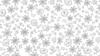 Obraz premium Dense and intricate pattern of various aromatic spices including star anise ginger and cloves in a black and white line art style.