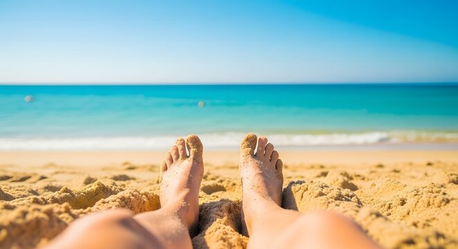 Relaxing on a sunny beach with sandy feet