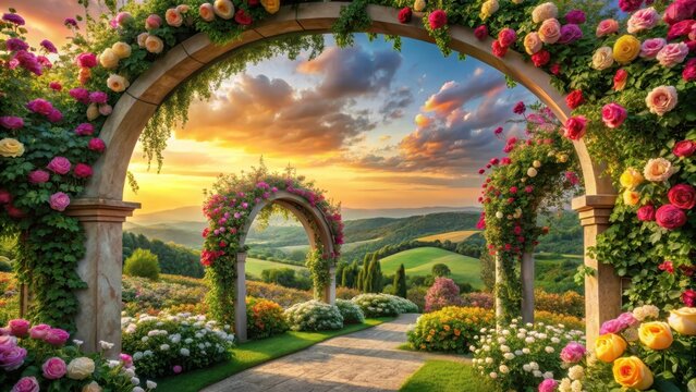 A vibrant garden with multiple archways covered in blooming pink and yellow roses overlooking rolling green hills under a bright sky