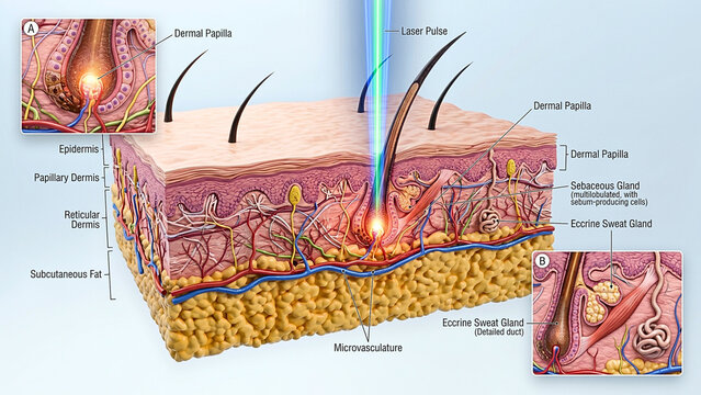 Educational diagram showing skin layers and targeted laser application.