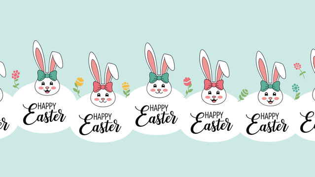 Cute Easter themed banner featuring cartoon bunny heads in white circles with happy easter text and colorful spring flowers on light blue.