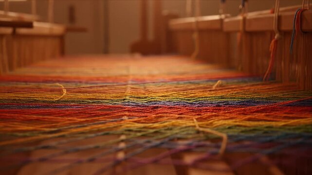 Pride month Colorful thread rainbow yarn weaving loom handcrafted textile fiber art warm light craft studio closeup detail woven pattern soft focus craft texture handmade fabric colorful texture warm