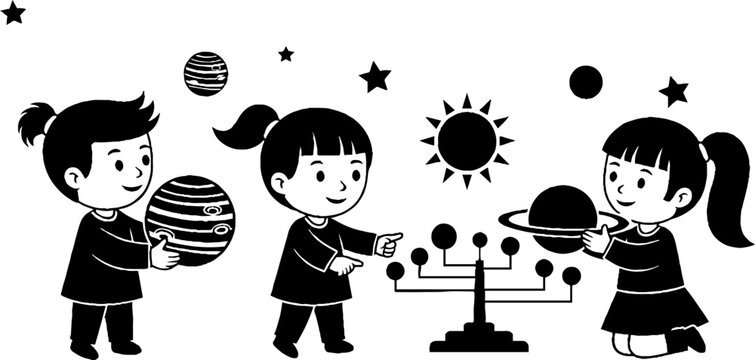 Children Exploring Solar System Model Together Happily.