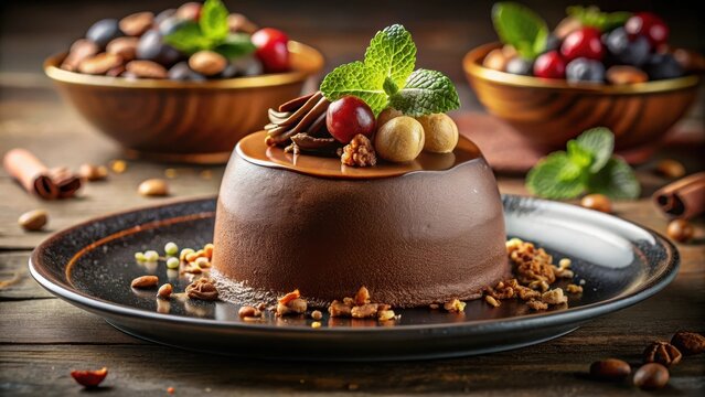 Decadent dark chocolate mousse dessert with nutty toppings and elegant garnish on plate