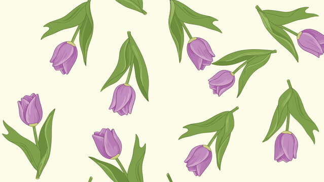 Seamless floral pattern featuring hand drawn purple tulips with green leaves scattered across a soft pale yellow background.