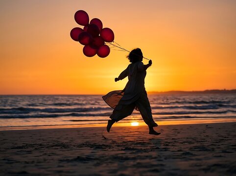 Woman running on beach at sunset holding bunch of red balloons