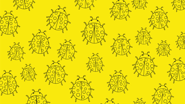 Cheerful pattern of ladybugs with simple black outlines and spots is repeated across a bright yellow background for nature inspired art.