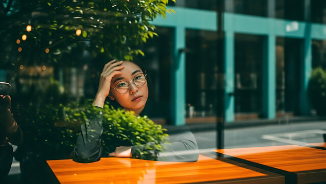 Young Asian Woman in Cafe Reflecting in Window Thoughtful Pose.