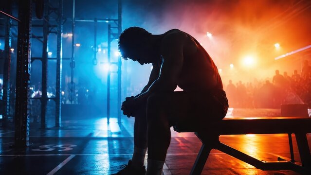 Athlete resting after workout in gym Generative AI, cinematic lighting