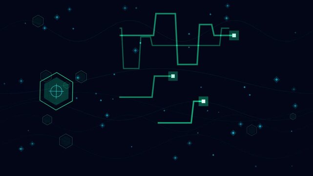 Futuristic technology background loop featuring neon green HUD interface nodes and digital signal data lines rippling over a dark backdrop. Perfect for cyber security presentation slides