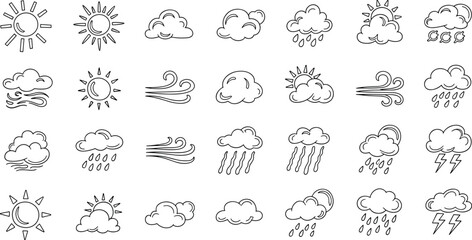 Naklejka premium Weather and Climate Line Art Vector Icons Set with Sun, Clouds, Rain, Wind, Storm, and Lightning Symbols