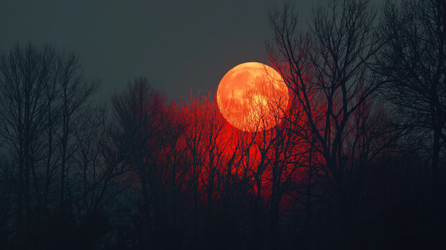 Orange moon full moon bare tree night sky silhouette dramatic forest glow behind dark woodland creating eerie calm scene