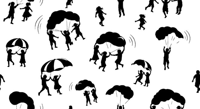 Whimsical silhouettes of people with parachutes and umbrellas.