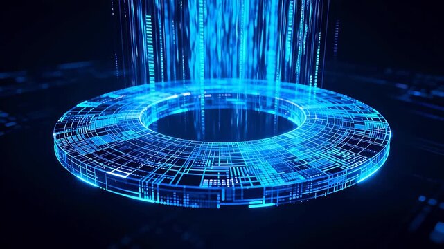 Blue glowing circular tech device with vertical data stream on dark background