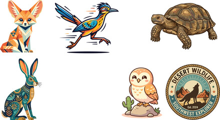 Diverse desert wildlife animal illustration set in various graphic styles featuring fennec fox, roadrunner, tortoise, jackrabbit, owl, and coyote emblem © SeeShoyagini