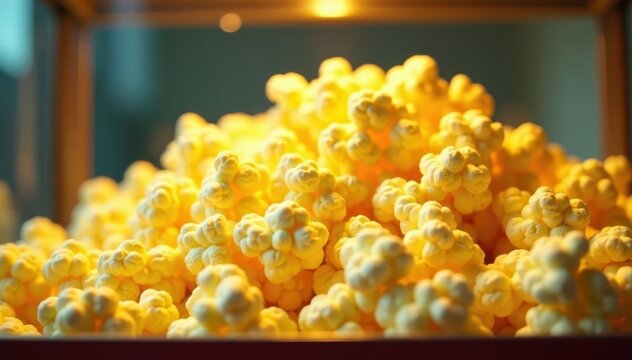 Close-up of fluffy yellow popcorn piled high inside a nostalgic popcorn machine, snack food storage, snack ingredient, yellow kernels