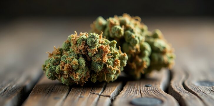 Close-up of dried cannabis nug on rough wood surface, natural, resin, dried