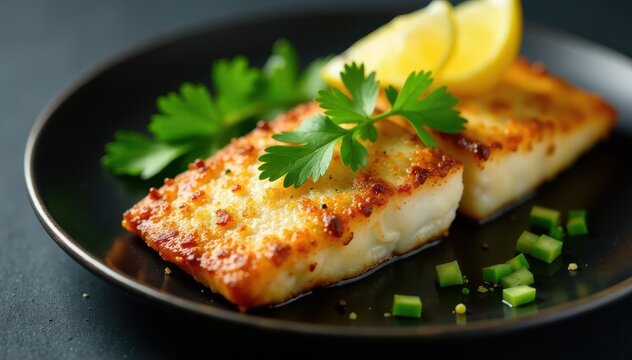 Close-up of fried hake fillet garnished with parsley and lemon wedges on a dark background, garnish, texture, hake